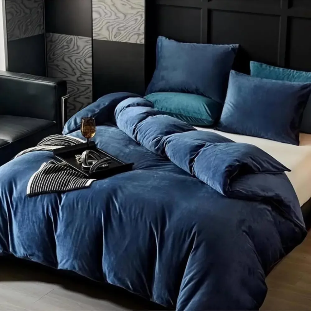 🆕 Blue Velvet Duvet Set Queen Luxury Hotel Vibes Cozy Bedding New With Tags